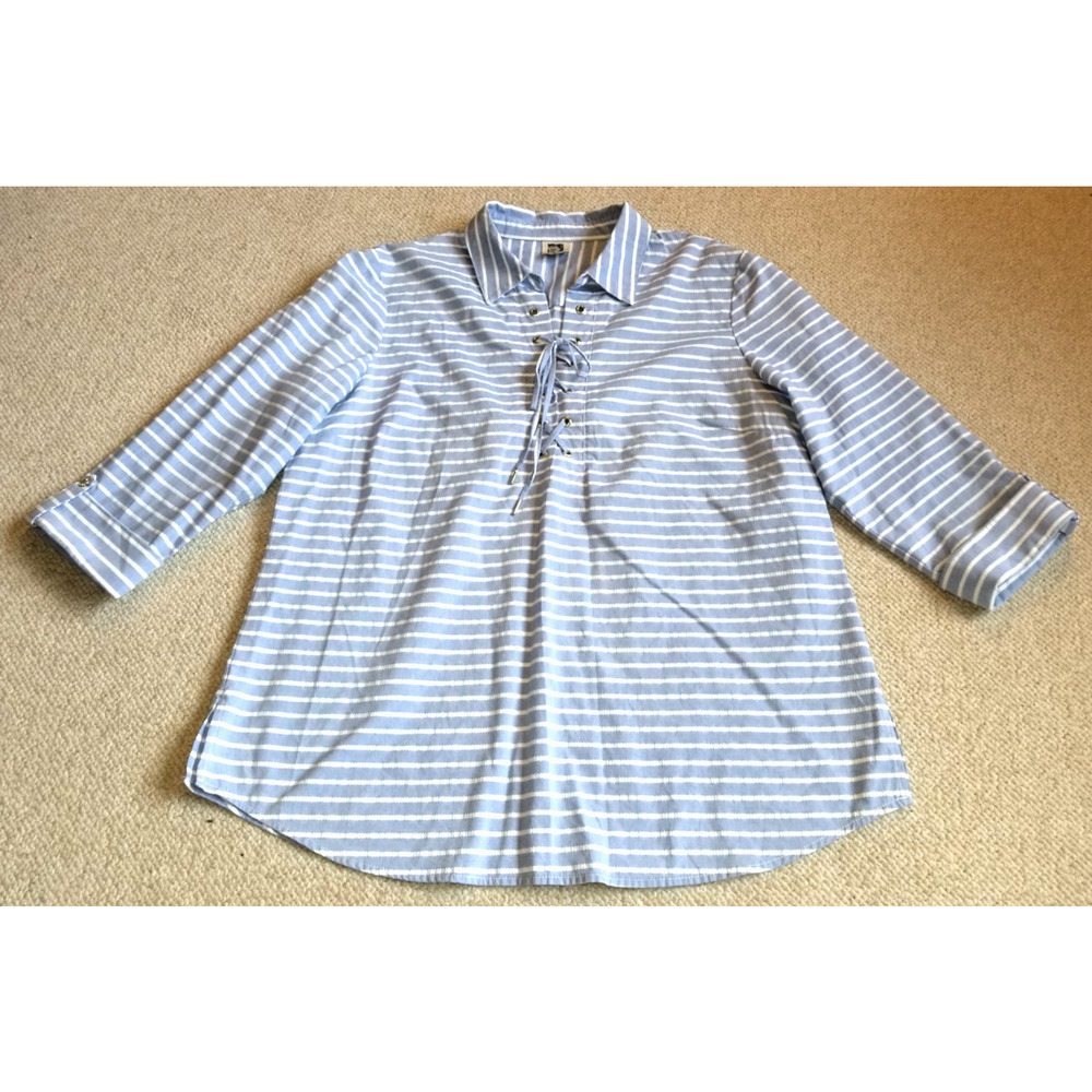 Womens Top-ANNE KLEIN-blue/white striped cotton lace-up Nautical Resort Beach-XL